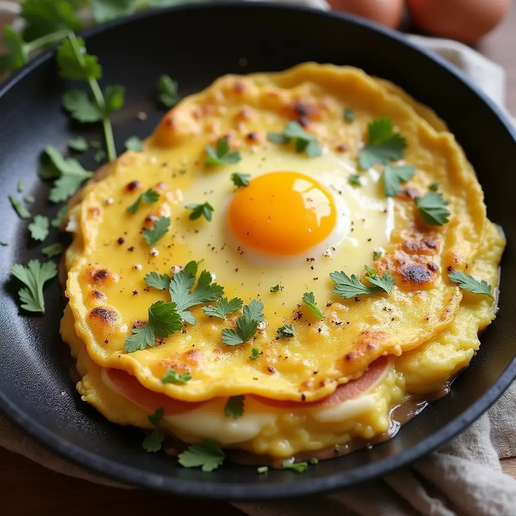 A perfectly cooked French omelette, golden and smooth, served on a white plate with a sprinkle of fresh herbs. The omelette is folded neatly, showcasing its creamy interior and delicate texture.