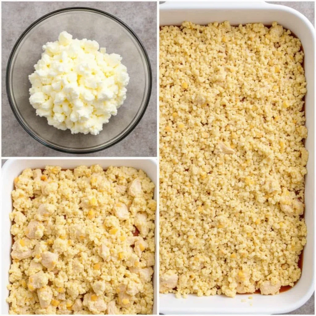 A collage showing the steps of assembling a casserole: a bowl of creamy cheese, a layer with chicken and crumbs, and a casserole dish fully assembled, ready for baking.