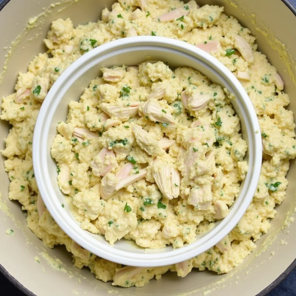 A creamy mixture with shredded chicken and fresh herbs in a bowl, likely part of a savory dish preparation.