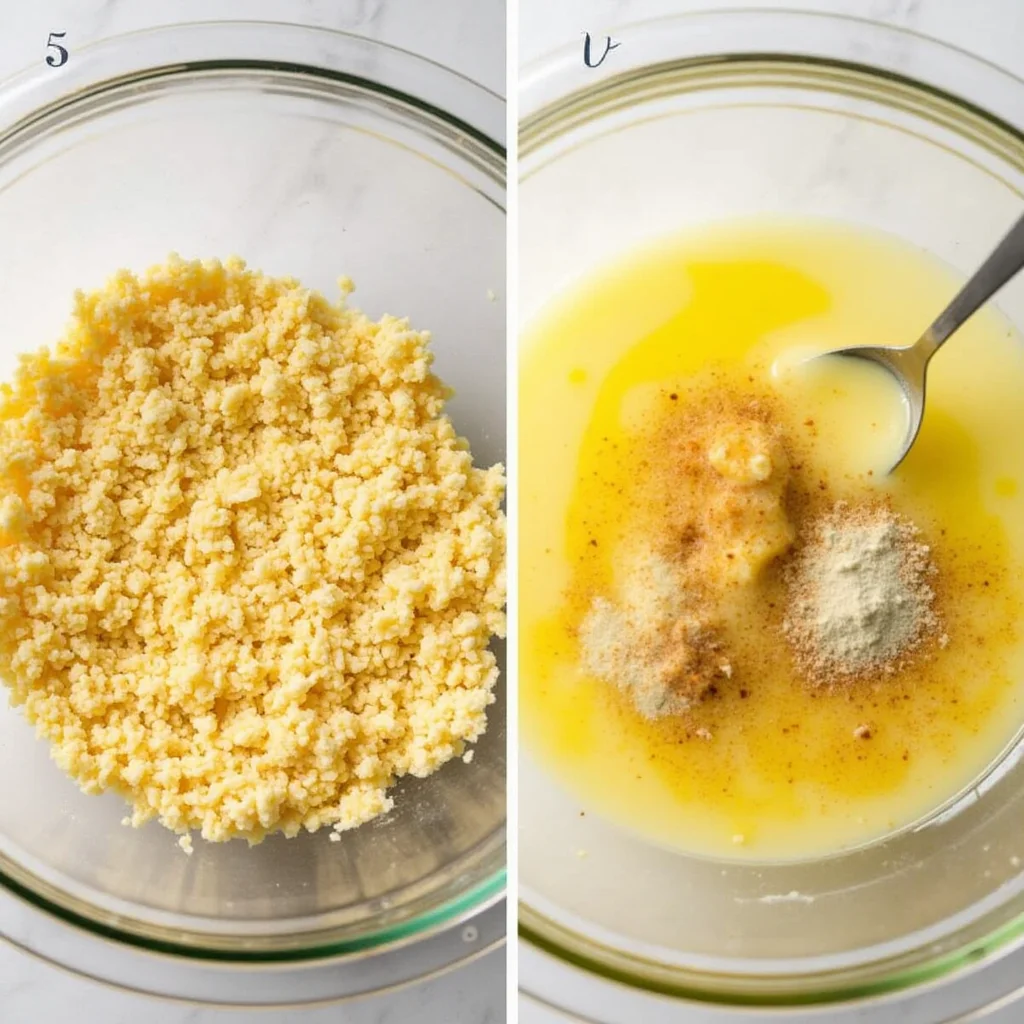 A collage showing the steps of assembling a casserole