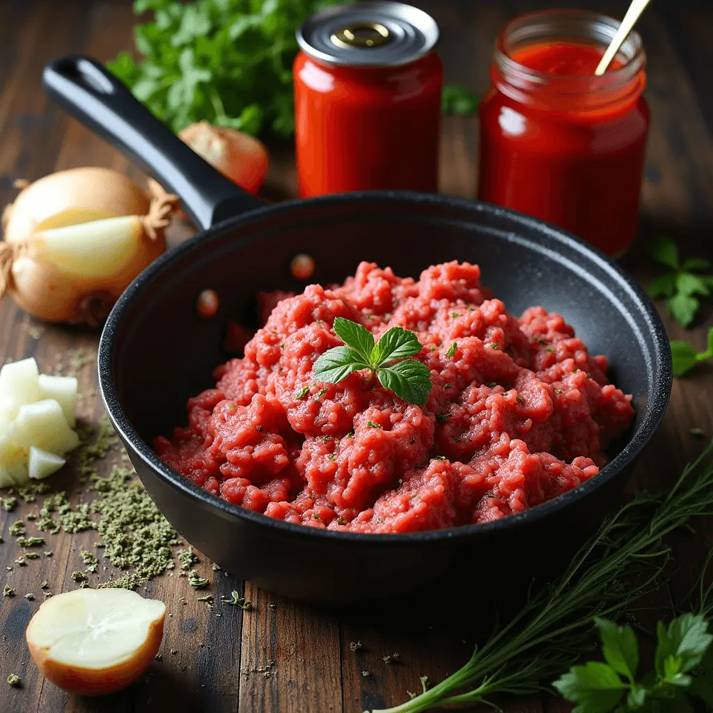 Ingredients for a classic meat sauce: ground beef cooking in a skillet with chopped onions and garlic, accompanied by cans of tomato sauce and paste, and a sprinkle of dried oregano, creating a warm and inviting Italian culinary atmosphere