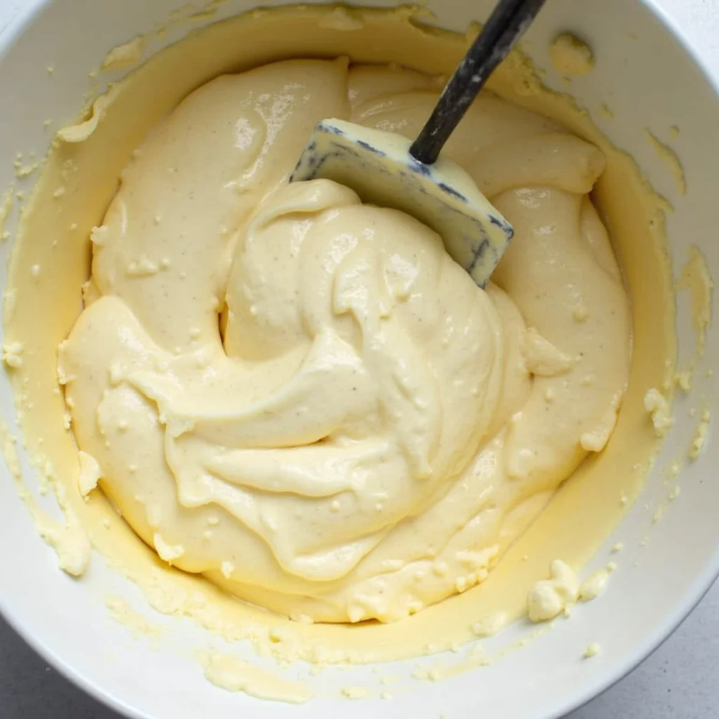 A bowl containing a smooth and creamy pale yellow mixture being stirred with a spatula.