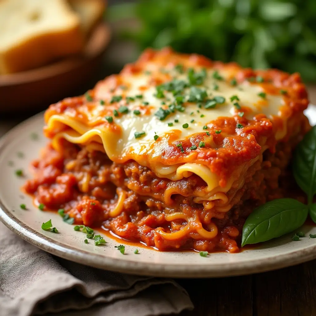 A layered slice of slow cooker lasagna with meat sauce, cheese, and noodles, served on a plate with a green salad and garlic bread."