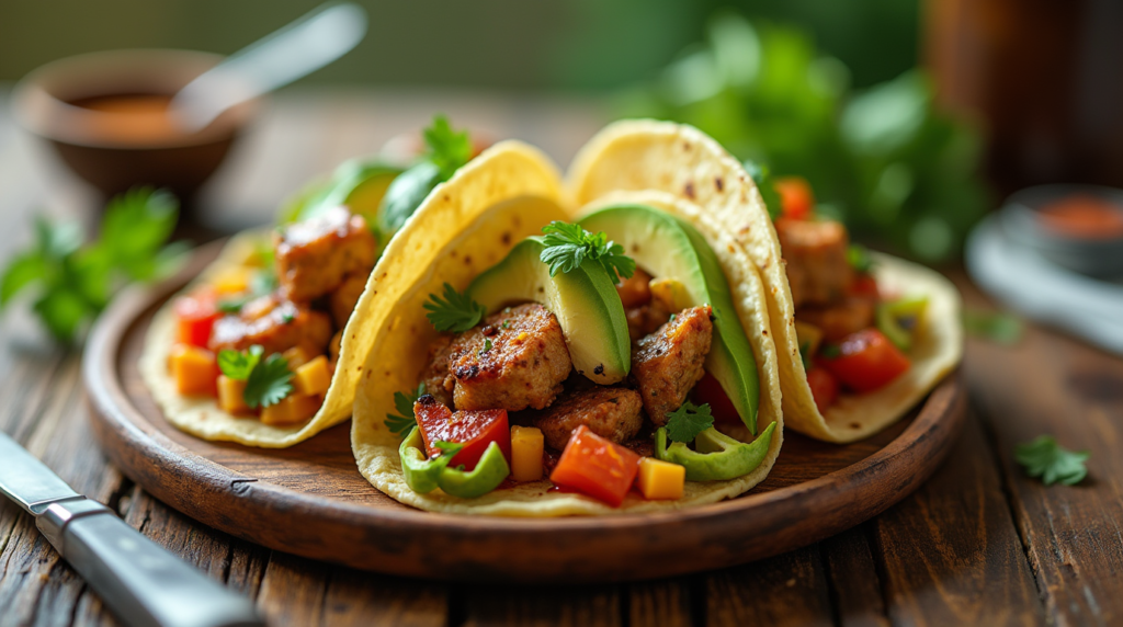 Fresh avocado tacos with diced tomatoes, red onions, cilantro, and lime on a rustic plate