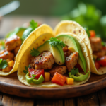 Fresh avocado tacos with diced tomatoes, red onions, cilantro, and lime on a rustic plate