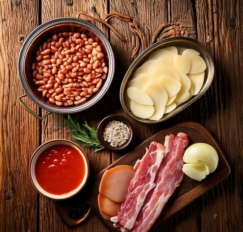 Ingredients for a smoky bean recipe neatly arranged: chopped bacon, finely chopped onion, two cans of white beans, a small bowl of brown sugar, ketchup, and prepared mustard on a rustic wooden surface