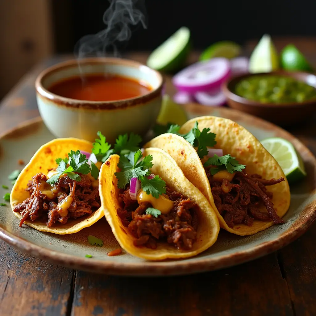 Delicious birria tacos with tender meat, melted cheese, and broth for dipping.