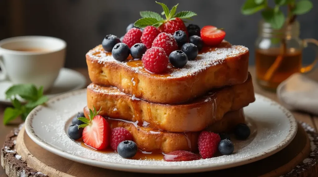 A plate of golden, crispy brioche French toast topped with maple syrup, powdered sugar, and fresh berries, perfect for a decadent breakfast