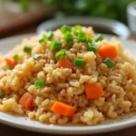 A plate of golden brown ginger fried rice garnished with green onions and sesame seeds, with vibrant vegetables and fluffy egg pieces visible, served on a wooden table with chopsticks and soy sauce.