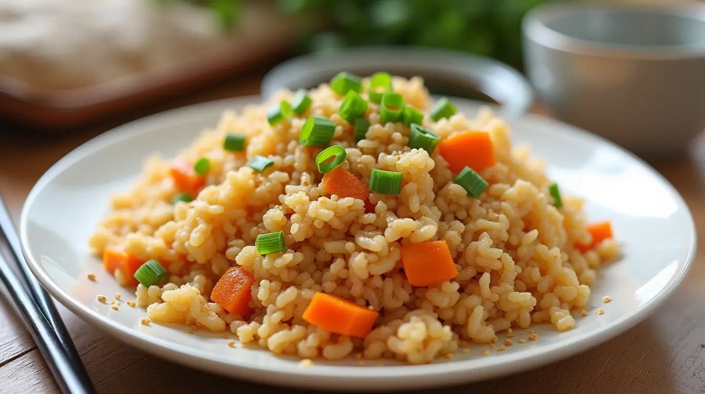 A plate of golden brown ginger fried rice garnished with green onions and sesame seeds, with vibrant vegetables and fluffy egg pieces visible, served on a wooden table with chopsticks and soy sauce.