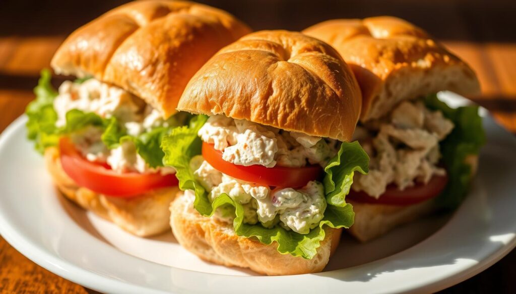 Close-up of a chicken salad sandwich with lettuce on whole grain bread
