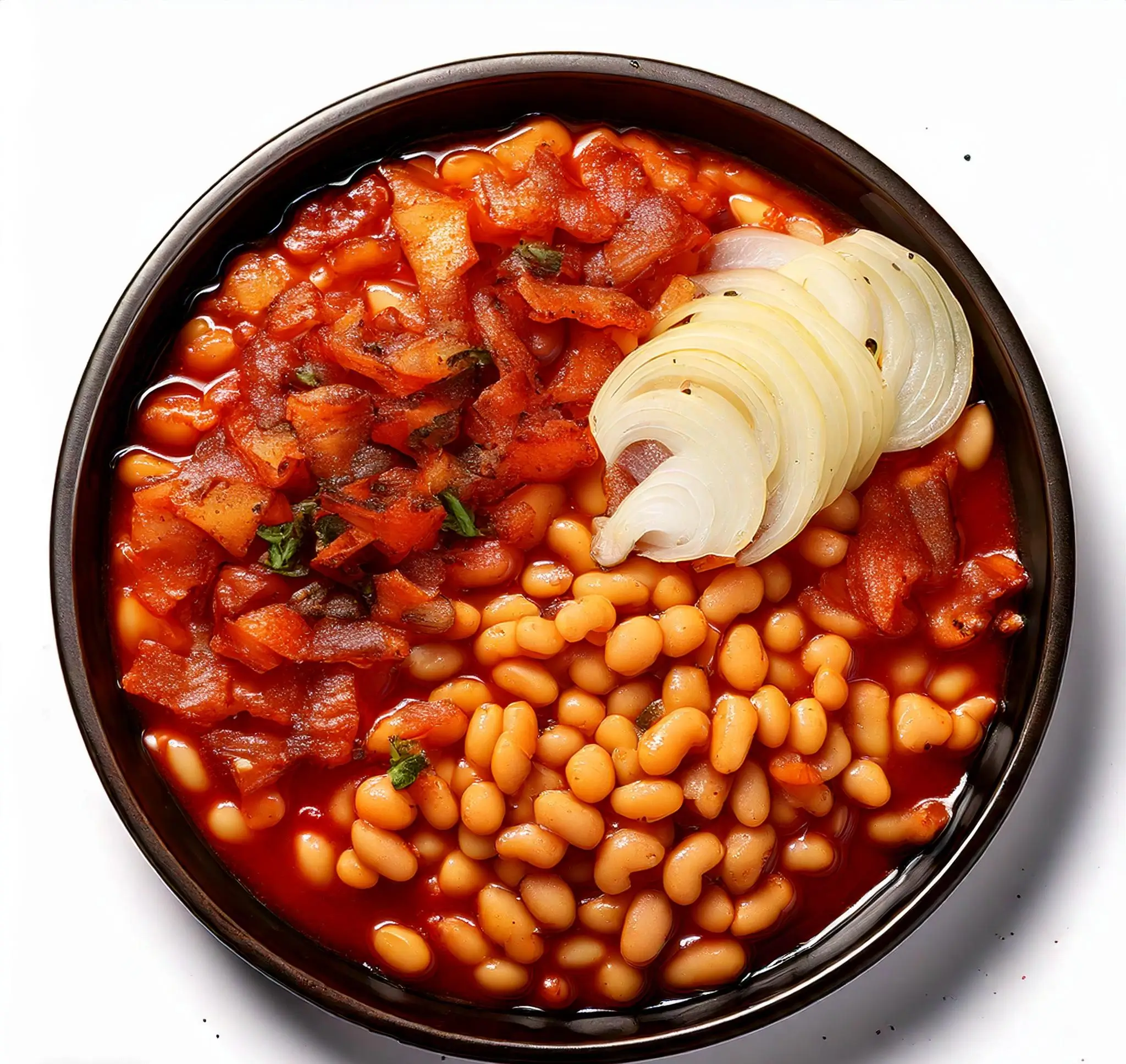 A bowl of smoky bean stew with a rich, flavorful broth, garnished with fresh herbs.