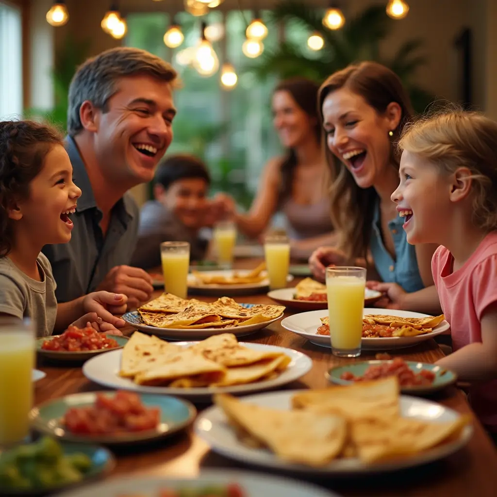 A happy family sitting at a dining table, enjoying chicken quesadillas together. The table is set with plates of quesadillas, bowls of salsa and guacamole, and glasses of lemonade, emphasizing the family-friendly and versatile nature of the recipe.