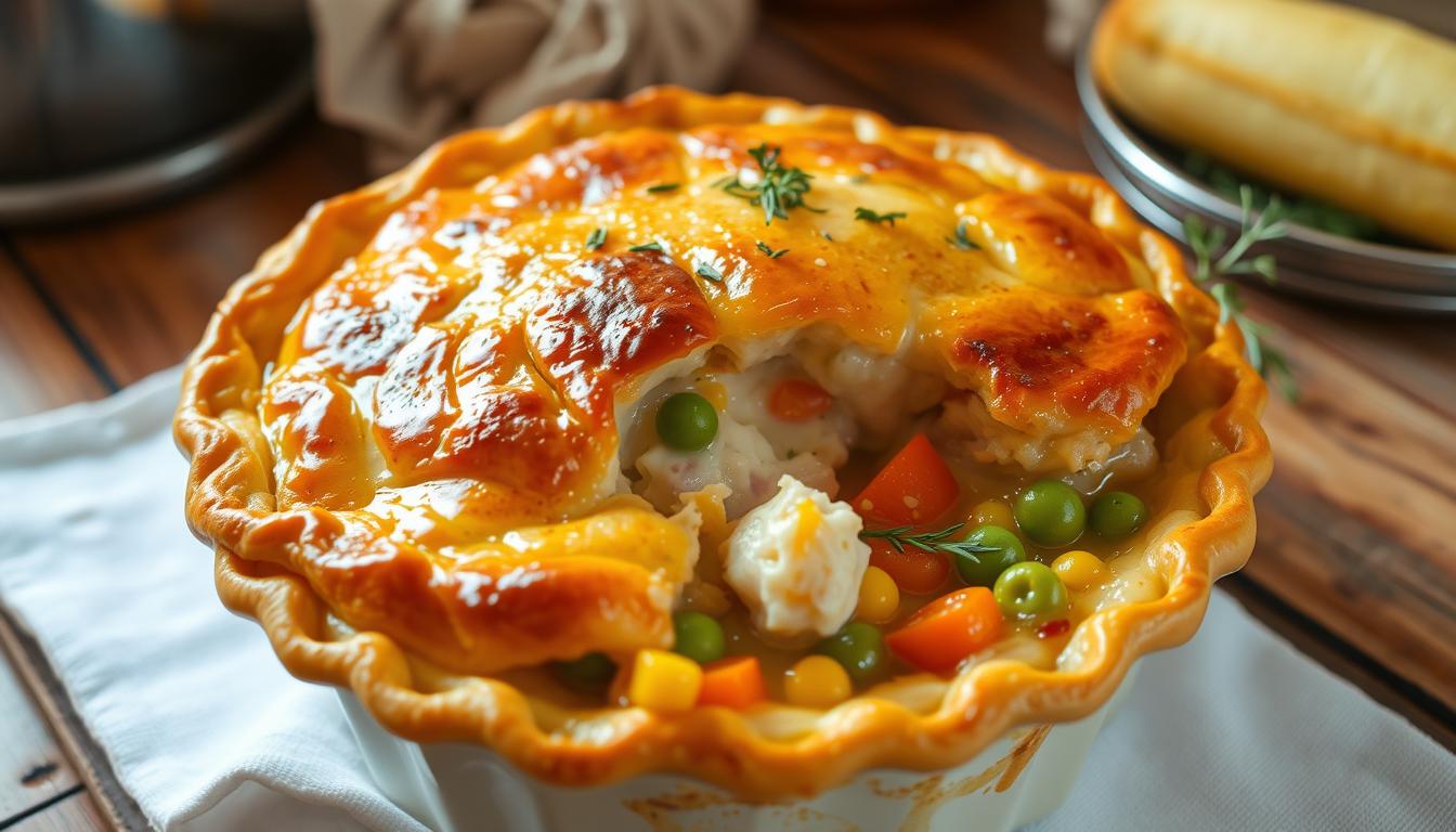 A freshly baked chicken pot pie with a golden, flaky crust, filled with creamy chicken and vegetables, served in a rustic baking dish.