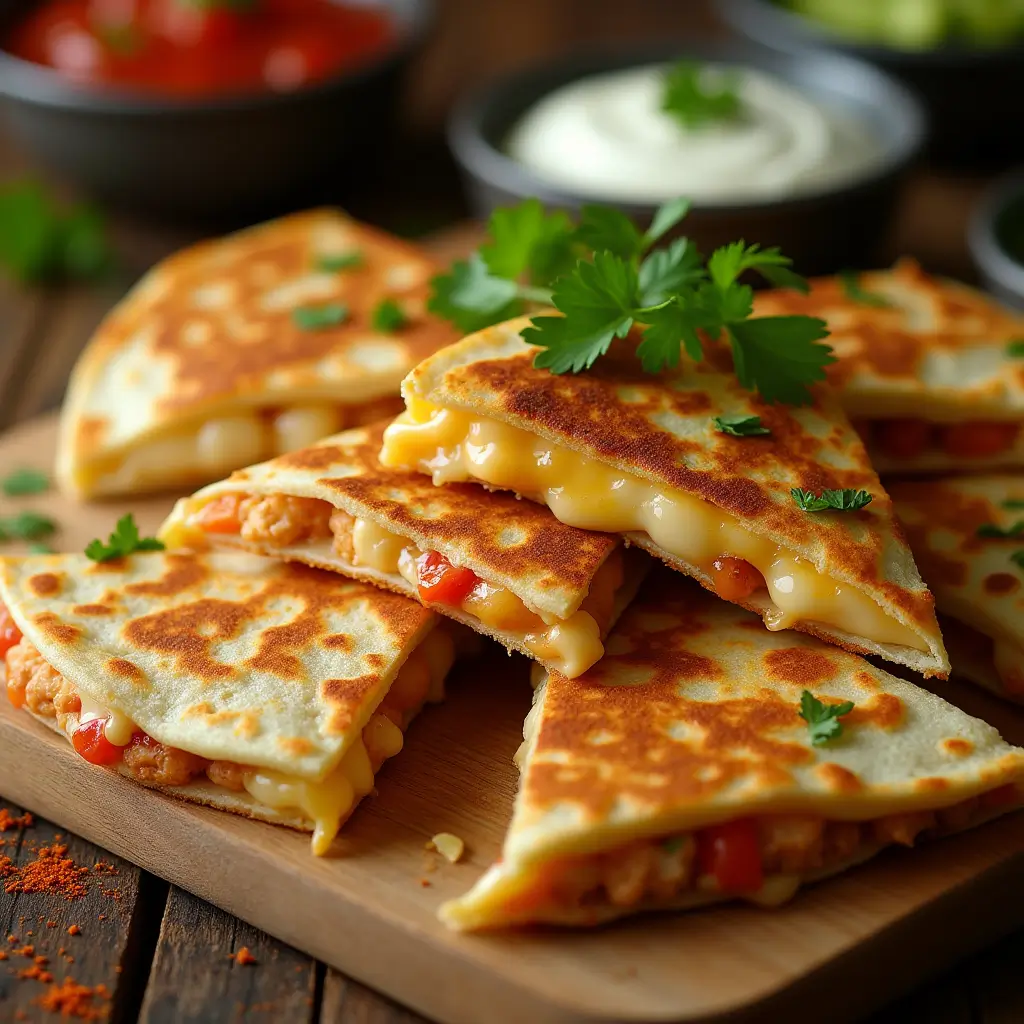 A close-up of a golden, crispy chicken quesadilla cut into wedges, with melted cheese stretching out, topped with fresh cilantro, served with salsa, guacamole, and sour cream on a rustic kitchen counter.