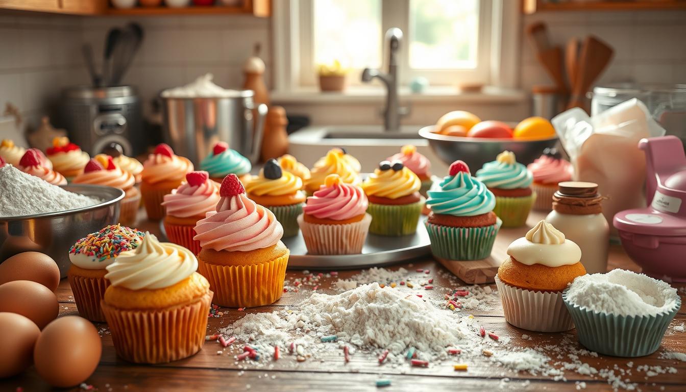 Delicious homemade cupcakes topped with creamy frosting and sprinkles, perfect for any occasion.