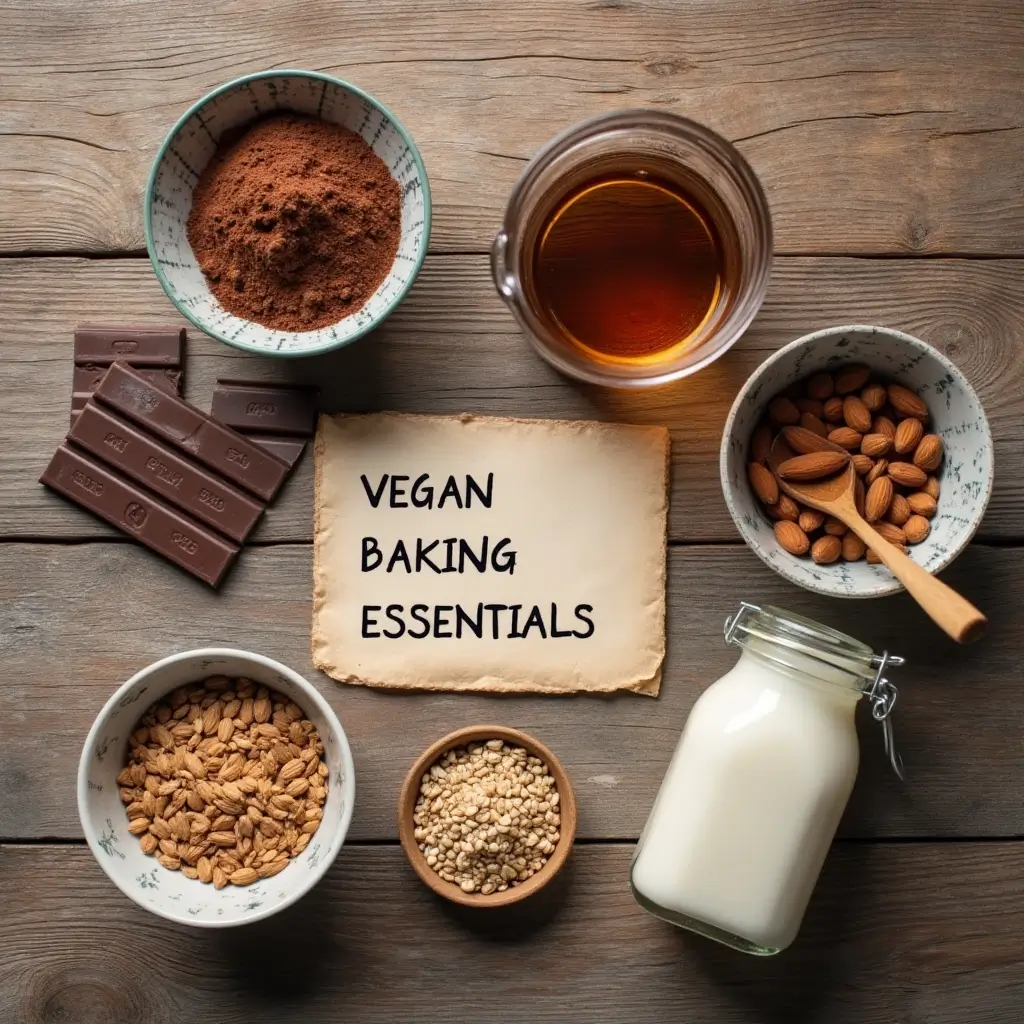 A flat-lay photo of essential ingredients for vegan chocolate desserts, including cocoa powder, a bar of dark chocolate, almond milk, maple syrup, and flaxseeds, arranged neatly on a wooden table with a rustic background.