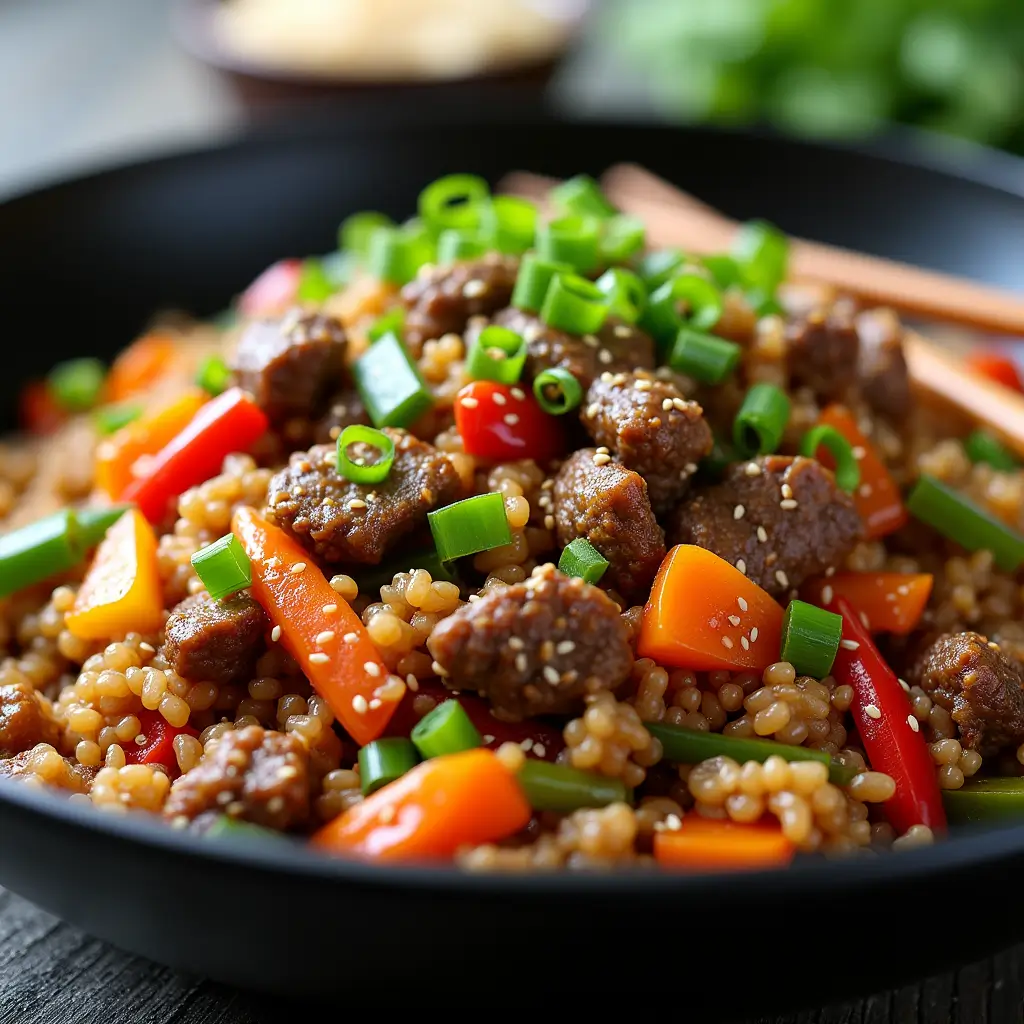 A vibrant ground beef and rice stir fry, featuring tender ground beef, fluffy rice, and colorful vegetables like bell peppers, carrots, and peas, all tossed in a glossy soy sauce glaze. Served in a black wok with chopsticks resting on the side, garnished with sesame seeds and green onions. Set on a kitchen counter with bright, natural lighting.