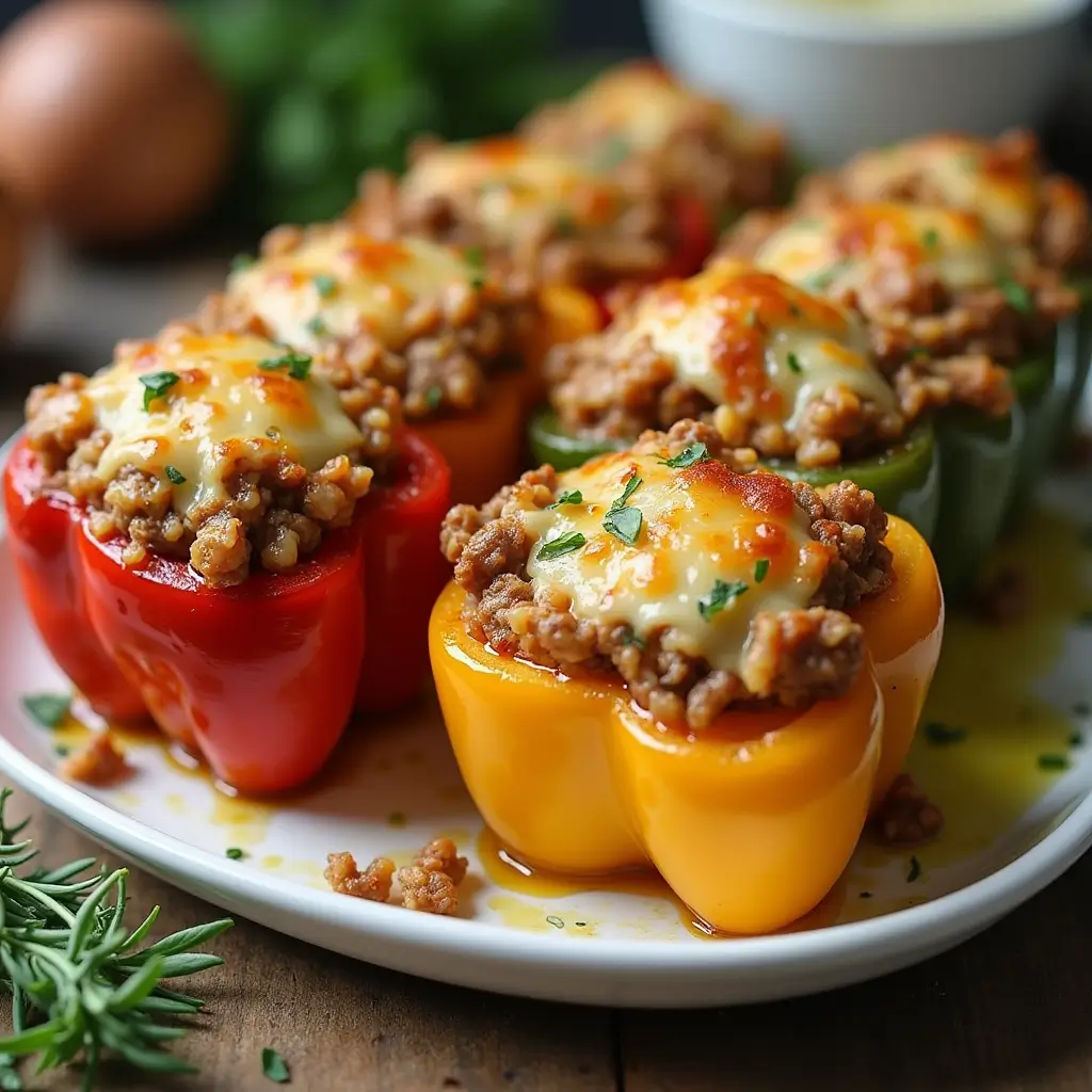 Colorful bell peppers stuffed with a savory mixture of ground beef, rice, and melted cheese, baked to perfection. The peppers are vibrant red, yellow, and green, with a golden cheese topping. Plated on a white ceramic dish with fresh herbs and a drizzle of olive oil, set on a rustic wooden table with soft natural lighting