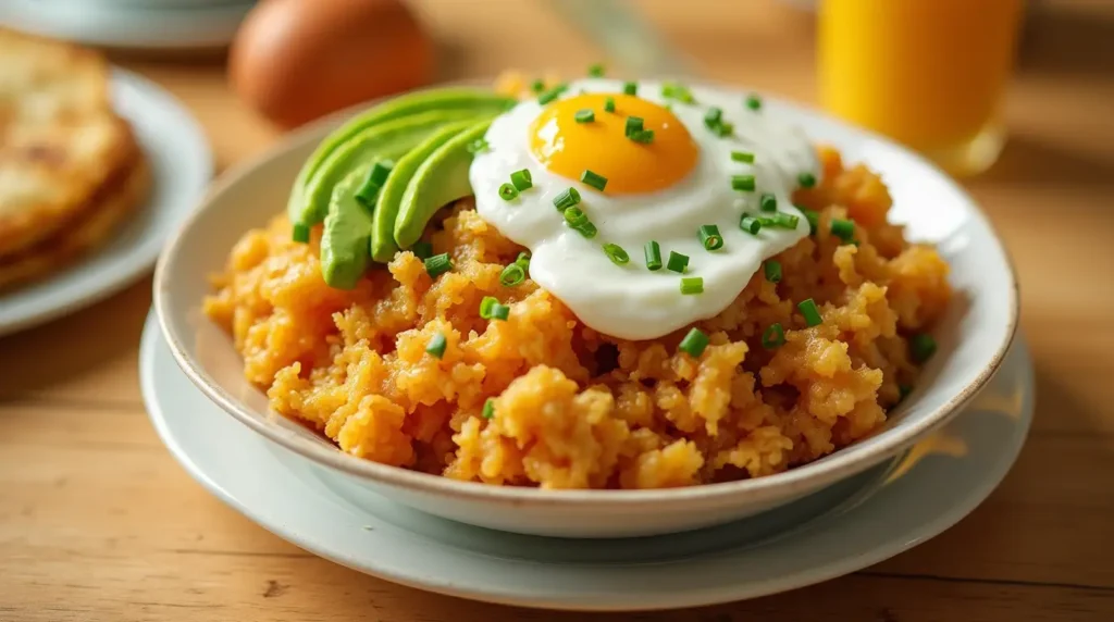 A loaded hash brown bowl featuring crispy shredded potatoes, topped with creamy avocado slices, a dollop of sour cream, fresh chives, and a perfectly fried egg with a runny yolk.