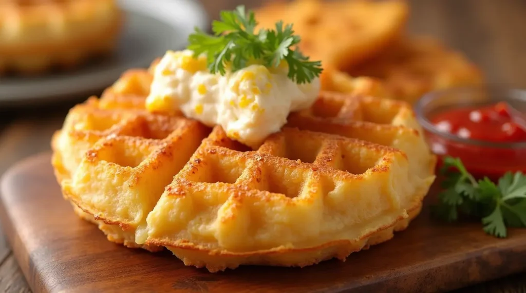 A crispy golden hash brown waffle served on a plate with a side of ketchup and salsa, perfect for breakfast or brunch.