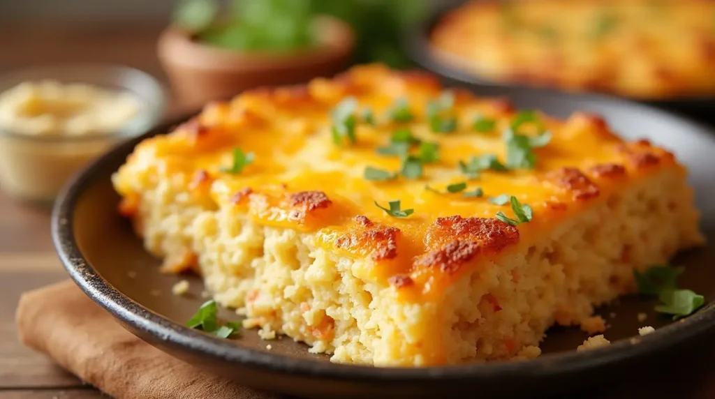 A golden, cheesy hash brown casserole with a crispy top, featuring melted cheese and shredded potatoes, baked to perfection and served in a ceramic dish.