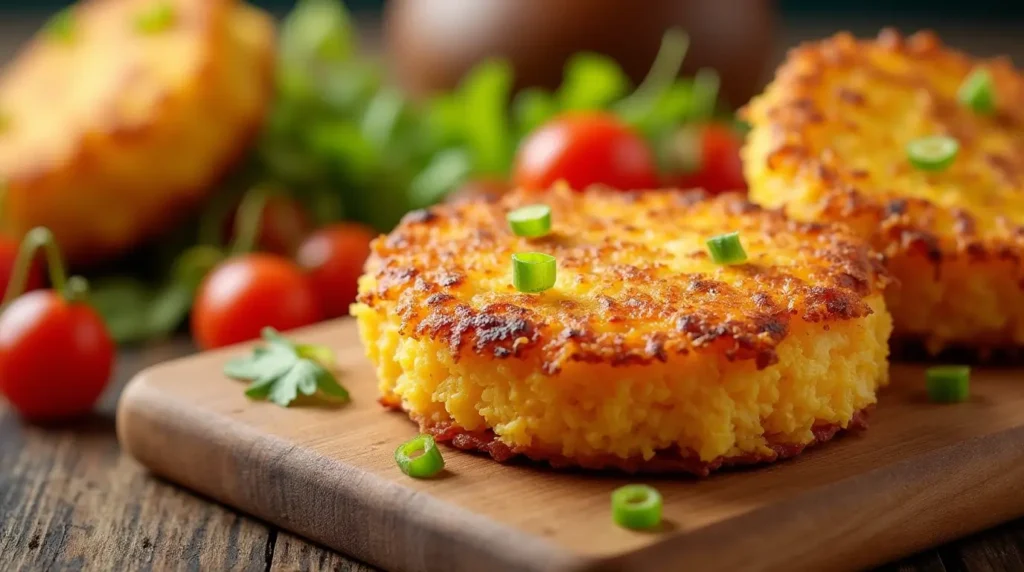 A crispy, golden-brown restaurant-style hash brown patty (similar to McDonald’s) served on a rustic wooden board, perfect for breakfast or brunch.