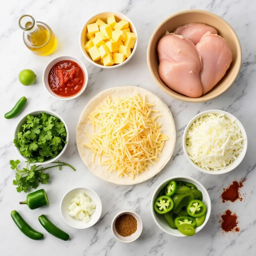 A flat-lay photo of ingredients for chicken quesadillas, including raw chicken breast, tortillas, shredded cheese (cheddar and Monterey Jack), bell peppers, onions, jalapeños, cilantro, lime, and spices like cumin and paprika, arranged neatly on a kitchen counter.