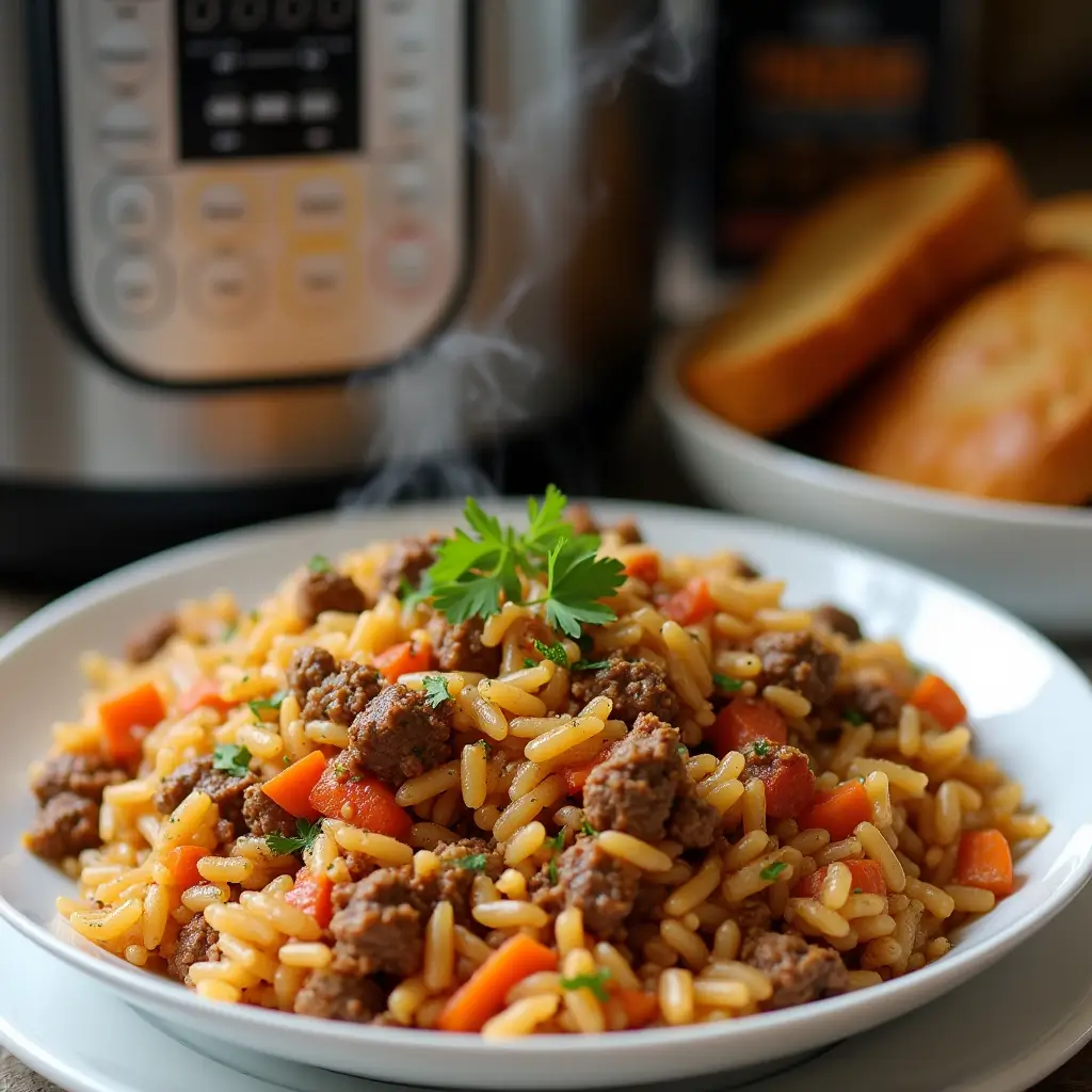 A comforting Instant Pot ground beef and rice pilaf, featuring perfectly cooked rice, seasoned ground beef, and diced vegetables like onions and carrots. Served in a white bowl with a sprinkle of fresh parsley and a side of crusty bread. The Instant Pot is visible in the background, with steam rising from the dish. Set on a kitchen counter with warm, cozy lighting.