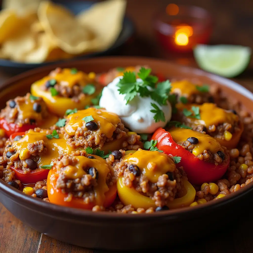 A hearty Mexican ground beef and rice casserole, layered with seasoned ground beef, rice, black beans, corn, and melted cheese. The dish is bubbling and golden on top, garnished with chopped cilantro and a dollop of sour cream. Served in a ceramic baking dish with a side of tortilla chips and a lime wedge, set on a festive table with warm lighting.