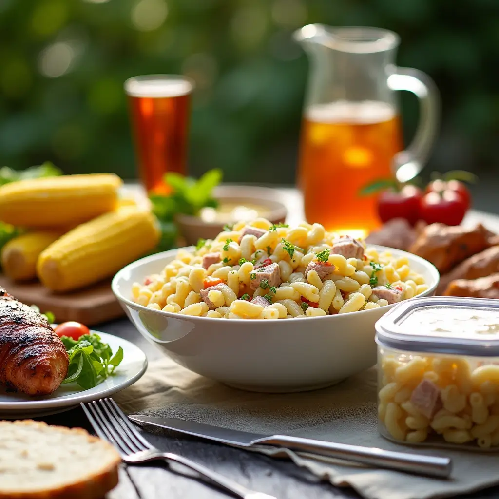 A beautifully styled summer BBQ table setting featuring a large serving bowl of creamy tuna macaroni salad as the centerpiece. The table includes grilled chicken, corn on the cob, and a pitcher of iced tea. In the foreground, an airtight container with leftover salad is being placed in the fridge, emphasizing practical storage tips. The warm, natural lighting creates a welcoming and appetizing atmosphere.