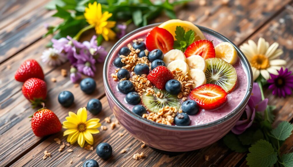 Colorful smoothie bowl with fresh fruit and toppings like granola, chia seeds, and coconut flakes.