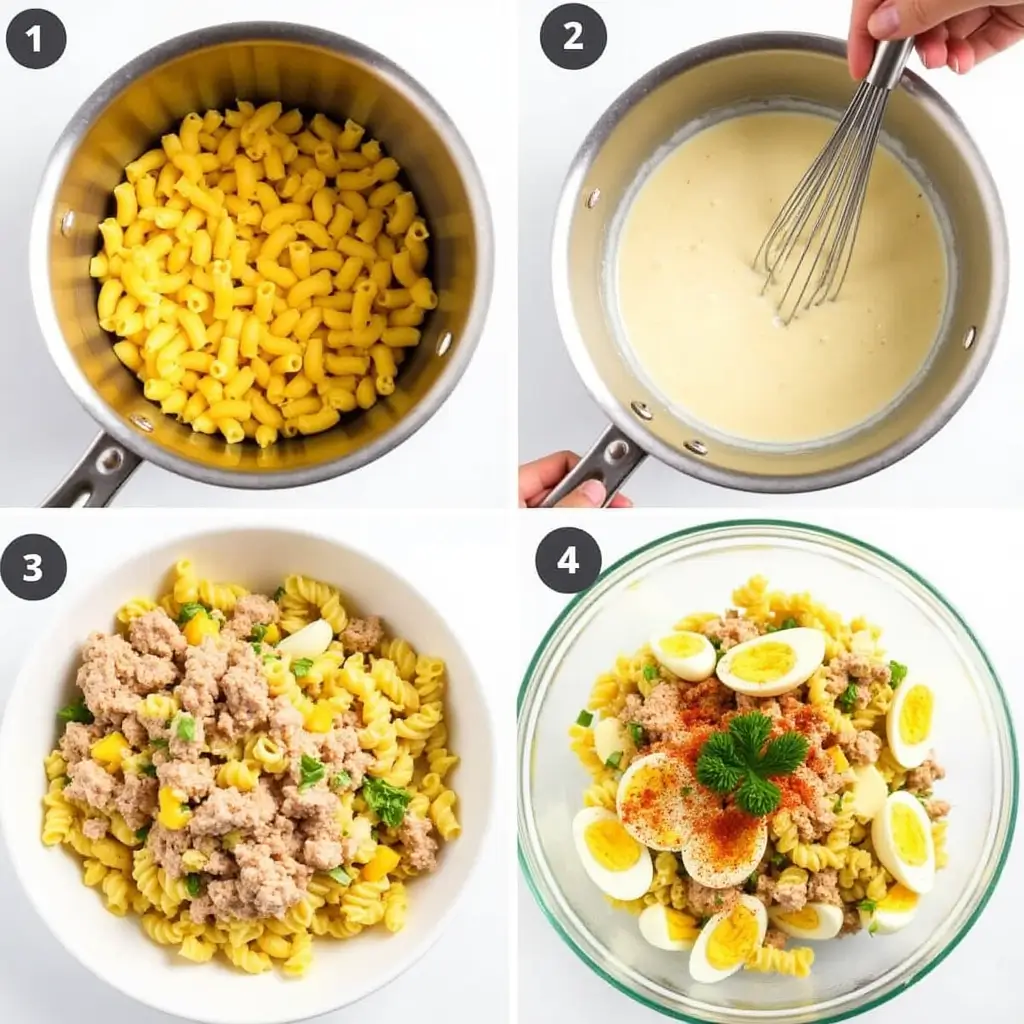 A step-by-step collage showing the process of making tuna macaroni salad. The images include: a pot of boiling elbow macaroni on a stovetop, a bowl of creamy dressing being whisked (with mayonnaise, mustard, and lemon juice), a large mixing bowl with cooked pasta, flaked tuna, chopped veggies, and eggs being tossed together, and the final salad garnished with paprika and parsley. The collage is arranged in a clean, modern grid format with a white background.