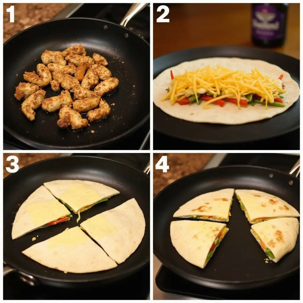 A series of step-by-step images showing the process of making chicken quesadillas: cooking seasoned chicken in a skillet, filling a tortilla with cheese and chicken, cooking the quesadilla until golden and crispy, and cutting it into wedges. The background is a rustic kitchen with warm lighting."