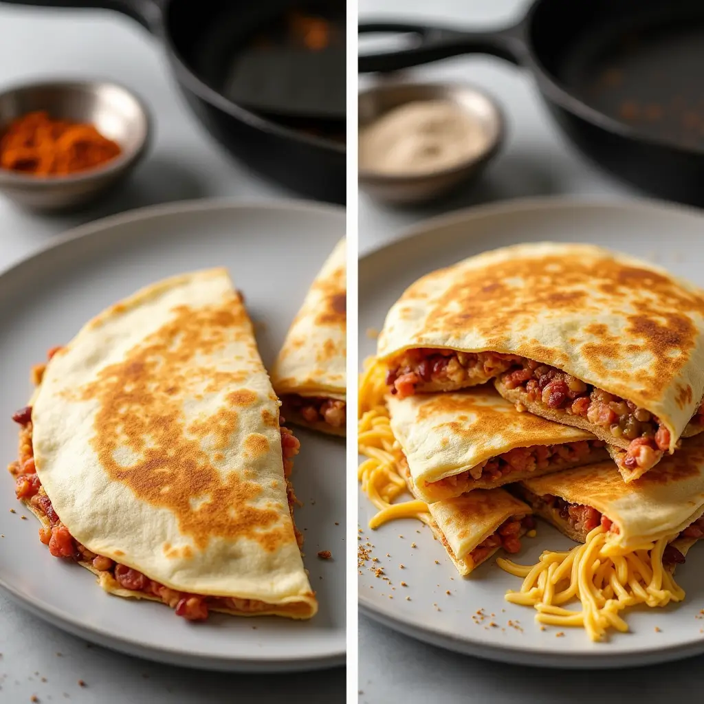 A split image comparing two quesadillas: one perfectly golden and crispy with evenly distributed fillings, and the other overfilled and messy with cheese spilling out. The background is a kitchen counter with a skillet, spatula, and a small bowl of spices, emphasizing tips for making the perfect quesadilla.