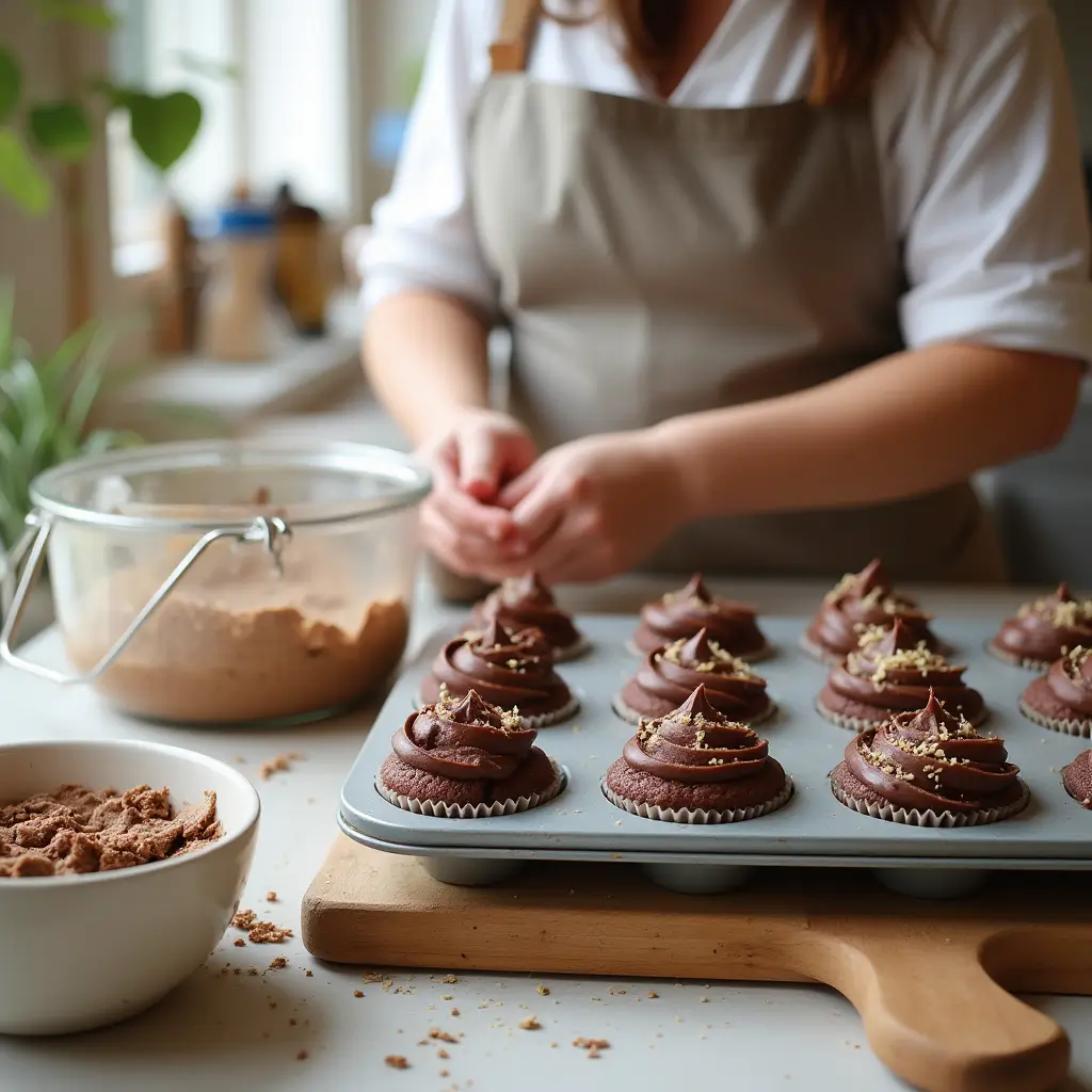 A baker’s hands mixing batter in a bowl, with a tray of vegan chocolate cupcakes in the background. Small icons or text bubbles display tips like 'Use High-Quality Chocolate,' 'Don’t Overmix,' and 'Chill Your Dough,' set in a warm, cozy kitchen with natural lighting.