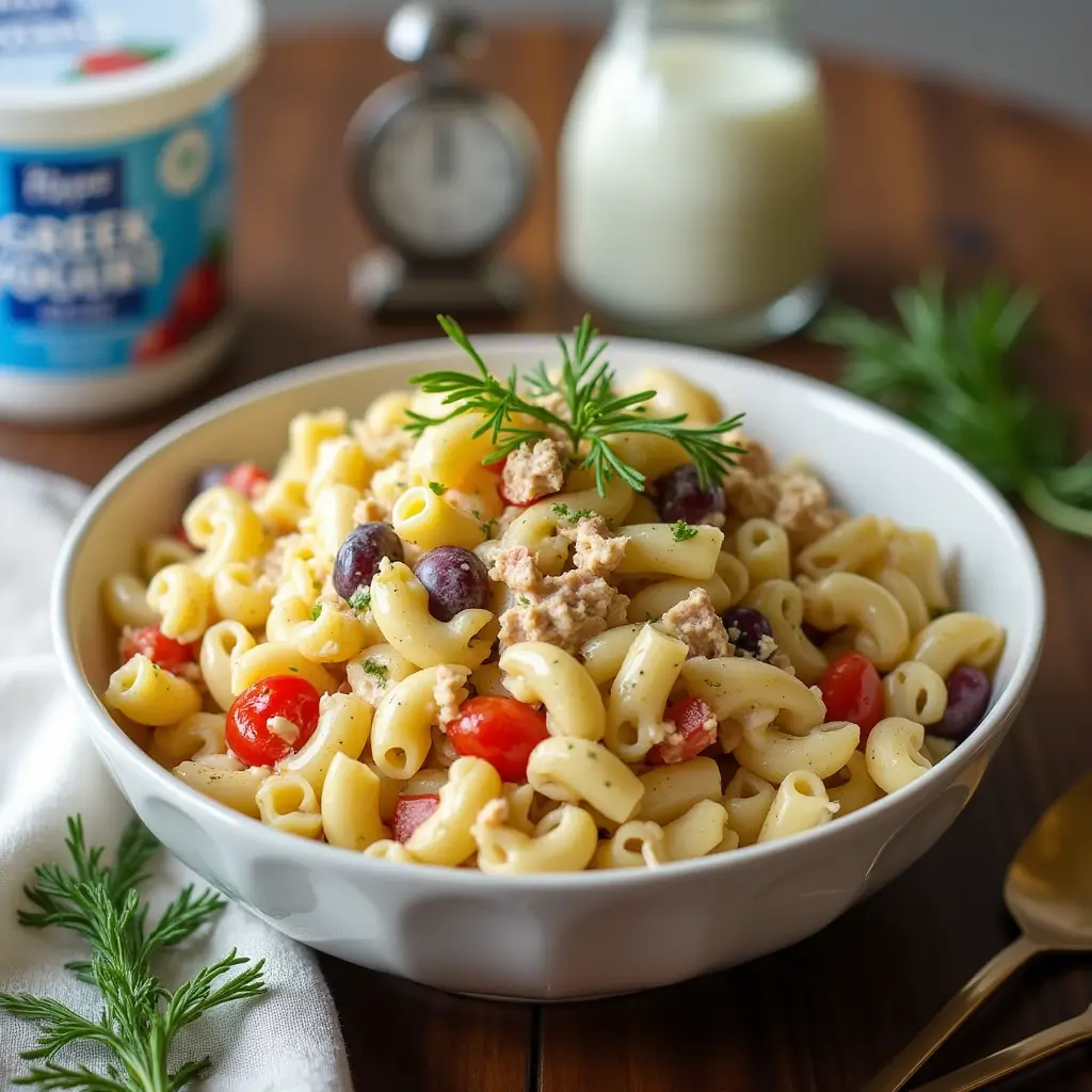 A close-up of a perfectly prepared bowl of creamy tuna macaroni salad, showcasing its rich texture and colorful ingredients like tuna, elbow macaroni, celery, and red onion. The bowl is surrounded by small props representing tips for making the salad, such as a jar of Greek yogurt (for substitutions), a sprig of fresh dill (for customization), and a timer (for chilling). The scene is set on a rustic wooden table with a linen napkin, creating a cozy and inviting atmosphere.