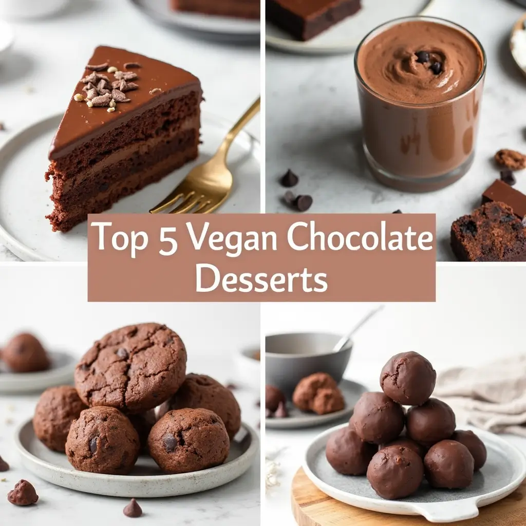 A collage-style image showcasing the top 5 vegan chocolate desserts: a slice of chocolate cake, no-bake brownies, chocolate mousse, chocolate chip cookies, and chocolate truffles, arranged on a table with a mix of textures like a marble countertop and wooden cutting board.