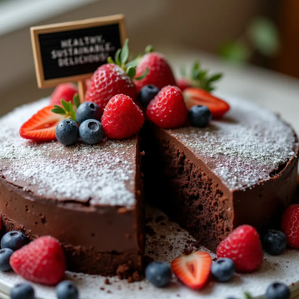 A close-up of a decadent vegan chocolate cake with a slice cut out, surrounded by fresh berries and a sprinkle of powdered sugar. A small chalkboard in the background reads: 'Healthy, Sustainable, Delicious!'