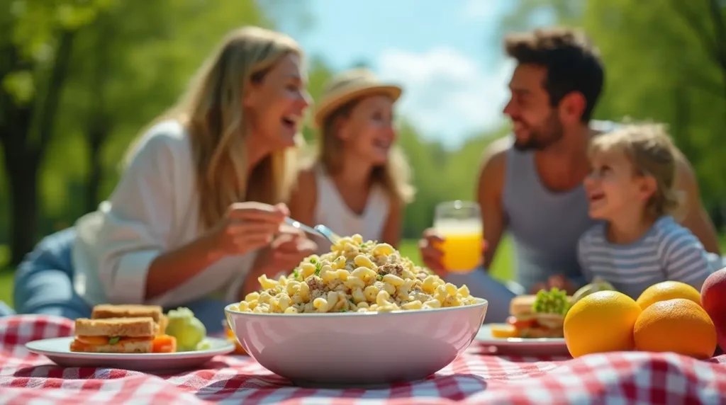 A cheerful family enjoying a picnic in a sunny park, with a large bowl of creamy tuna macaroni salad as the centerpiece. The salad is surrounded by other picnic foods like sandwiches, fresh fruit, and lemonade. The family is smiling and laughing, with one person scooping salad onto a plate. The background features green trees and a clear blue sky, creating a warm and inviting summer atmosphere.