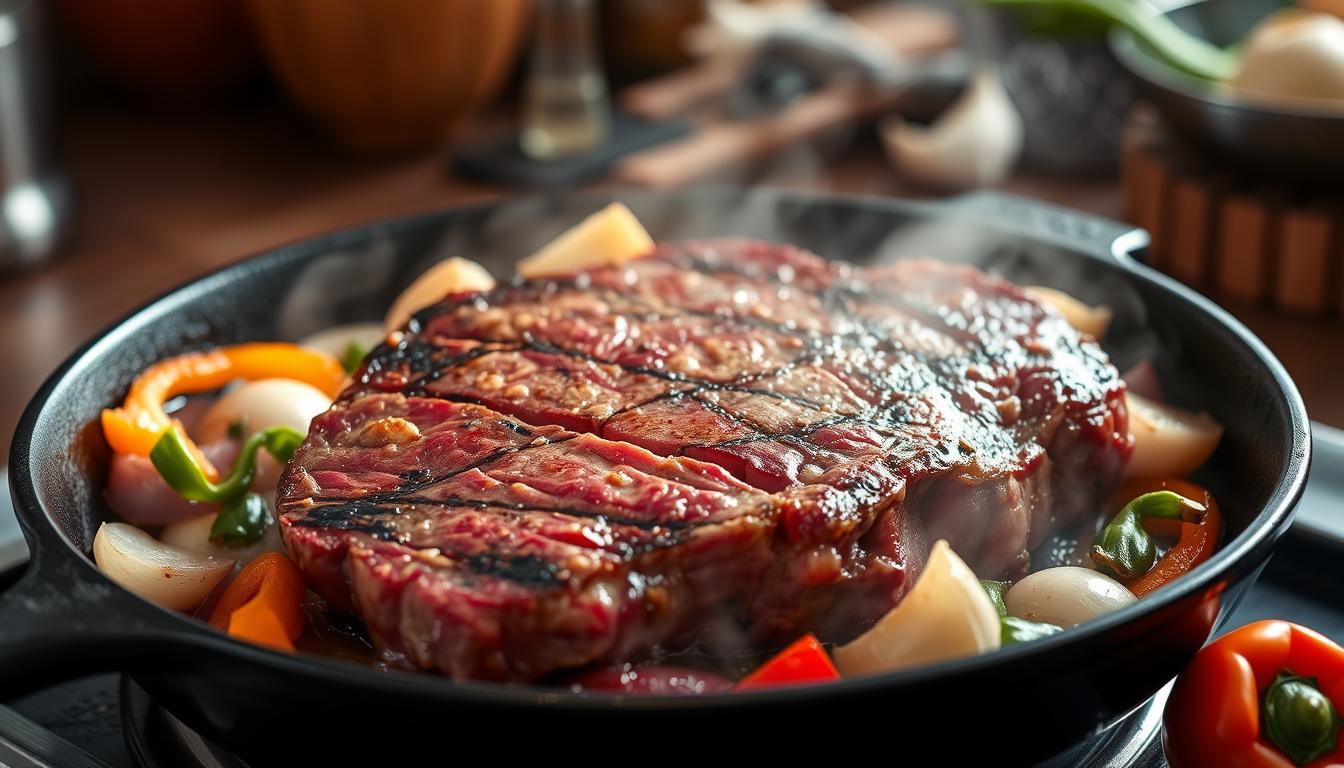 Beef chuck steak recipes featuring a perfectly cooked steak garnished with fresh herbs, served with roasted vegetables