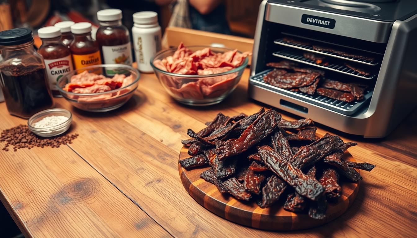 Homemade beef jerky strips marinated with spices, dried to perfection, and ready to enjoy as a protein-packed snack.