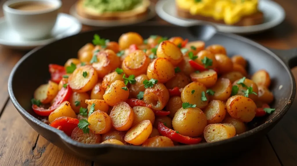 A plate of crispy breakfast potatoes served in a rustic skillet, featuring golden-brown potatoes with sautéed onions and red bell peppers, garnished with fresh parsley and paprika. The background includes a cozy breakfast setting with scrambled eggs, avocado toast, and a cup of coffee.