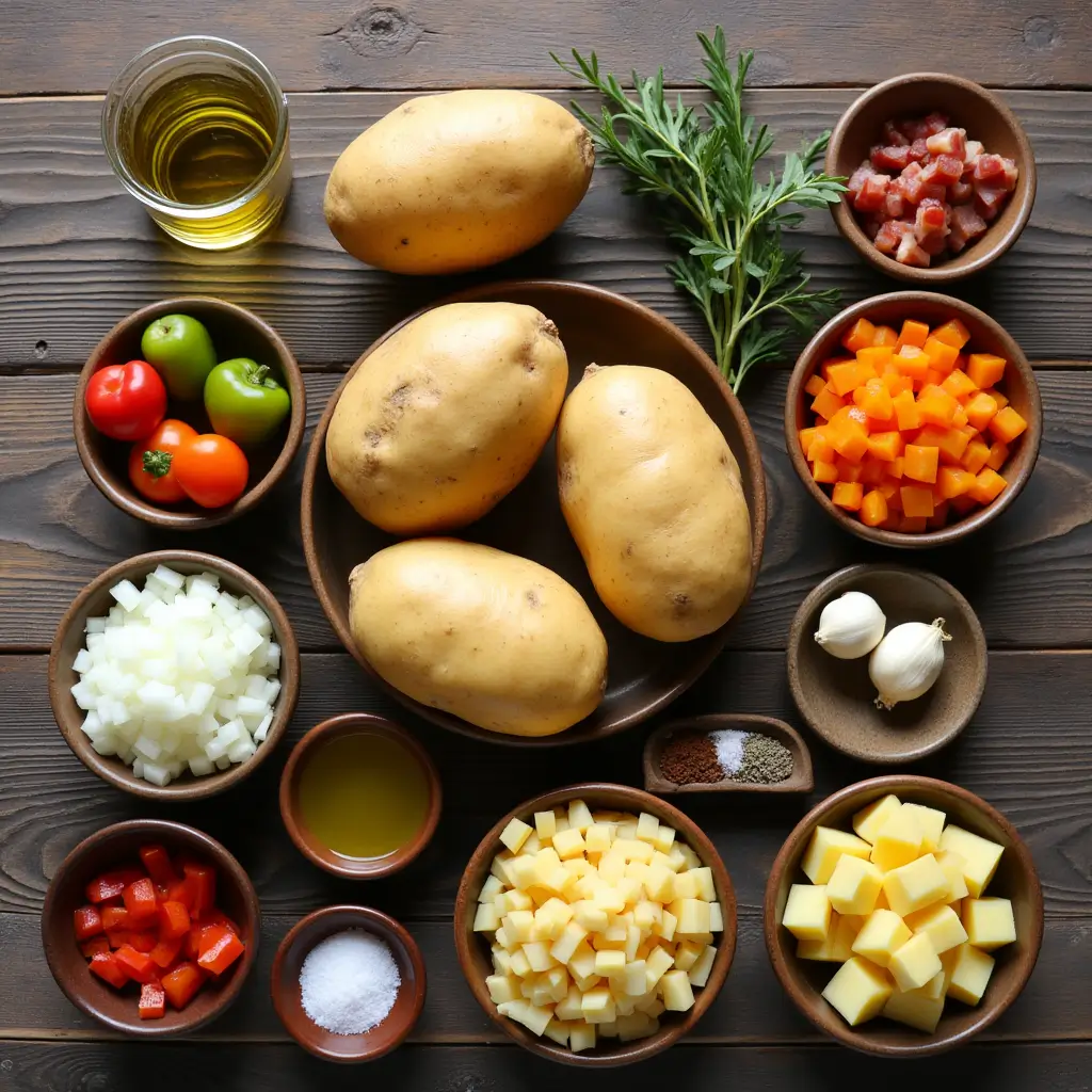 Fresh ingredients for a quick and easy breakfast potatoes recipe, including two large Russet potatoes (one whole and one diced), diced onions, vibrant red and yellow bell peppers, minced garlic, olive oil, paprika, salt, and pepper. Optional toppings like crispy bacon, shredded cheese, and fresh parsley are also displayed on a rustic wooden table with warm natural lighting.