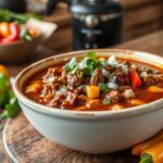 A hearty bowl of brisket chili garnished with fresh herbs, served with a side of cornbread, showcasing rich, savory ingredients.