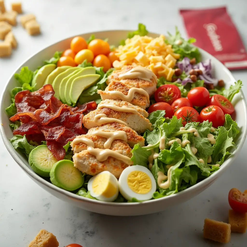 A fresh Chick-fil-A Cobb Salad with grilled chicken, bacon, avocado, eggs, cheese, greens, and tomatoes, topped with creamy dressing.