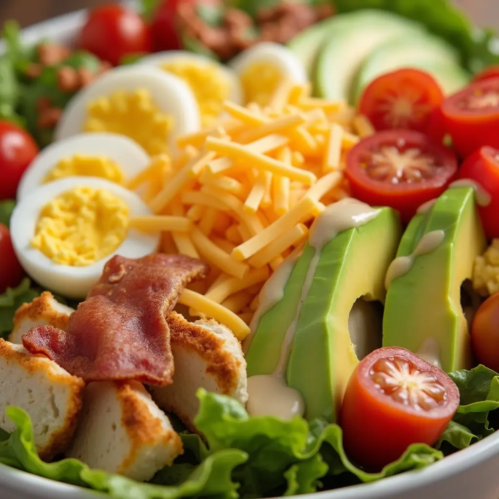 Close-up of a Chick-fil-A Cobb Salad in a bowl, highlighting fresh ingredients like grilled chicken, crispy bacon, avocado slices, hard-boiled eggs, shredded cheddar cheese, and cherry tomatoes, drizzled with creamy dressing for a vibrant, appetizing look