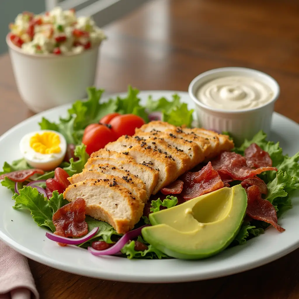 A Chick-fil-A Cobb Salad served on a plate with fresh ingredients like grilled chicken, bacon, avocado, hard-boiled eggs, and greens, accompanied by a small cup of dressing on the side for a vibrant and appetizing presentation.