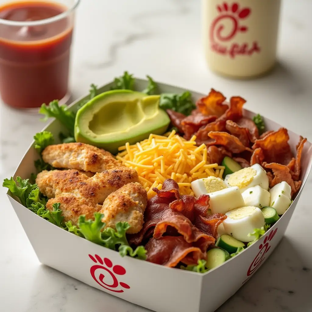 A Chick-fil-A Cobb Salad neatly presented in a take-out box, featuring fresh ingredients like grilled chicken, lettuce, avocado, bacon, eggs, and shredded cheese, with dressing placed separately to highlight convenience and healthy appeal for on-the-go meals.