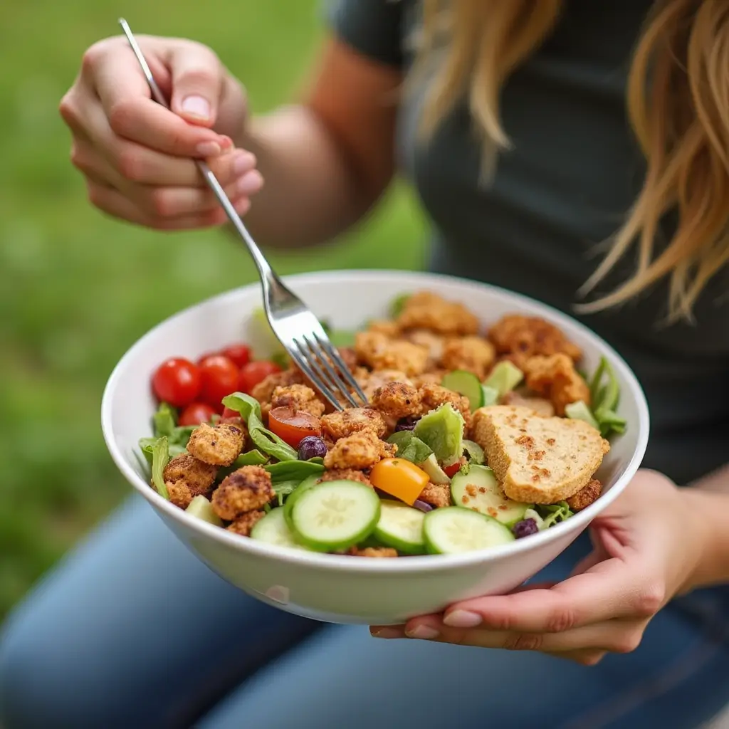 A person enjoying a Chick-fil-A Cobb Salad outdoors at a picnic table, holding the bowl or eating with a fork, surrounded by vibrant salad ingredients in a natural, relaxed setting, promoting a healthy eating lifestyle